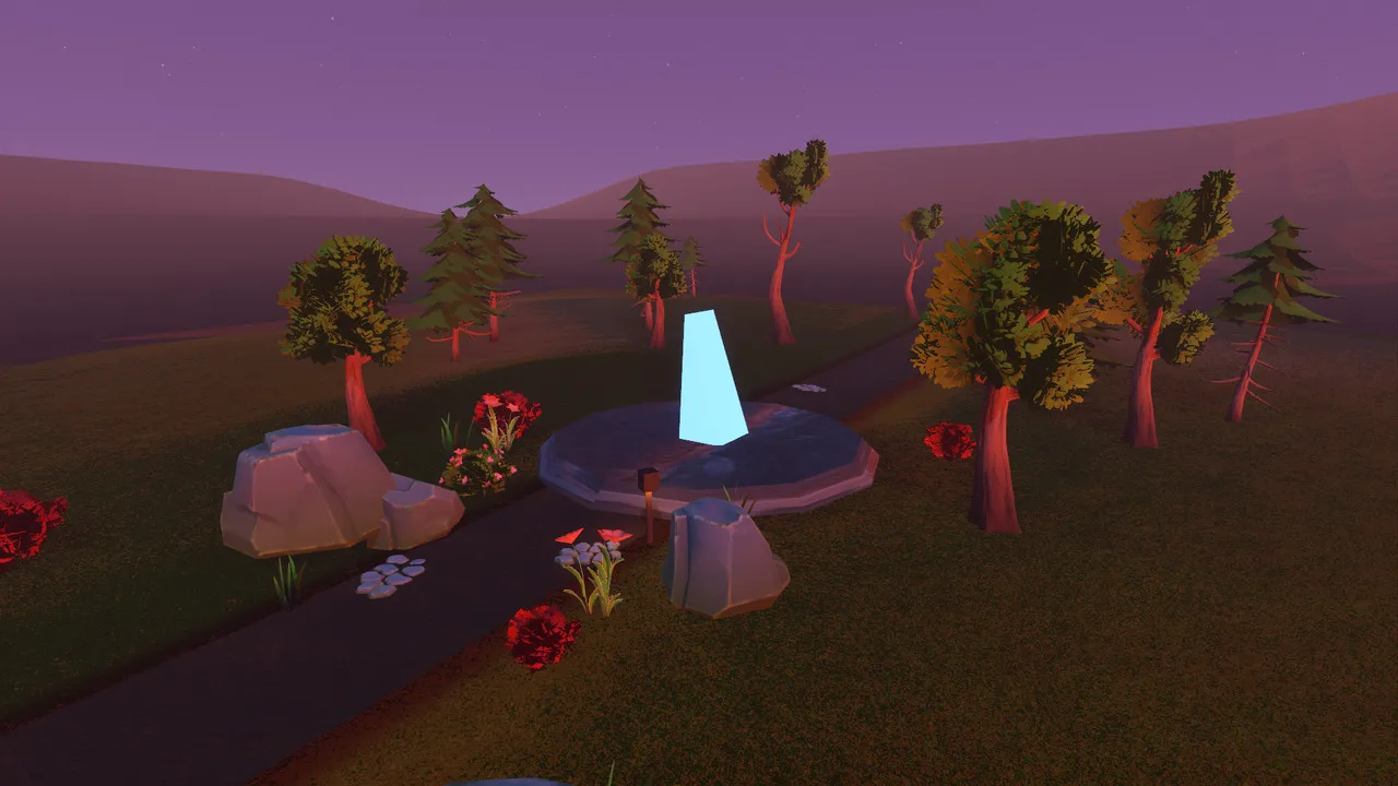 A 3D park at dusk, lit by Calendar Time's day/night cycle