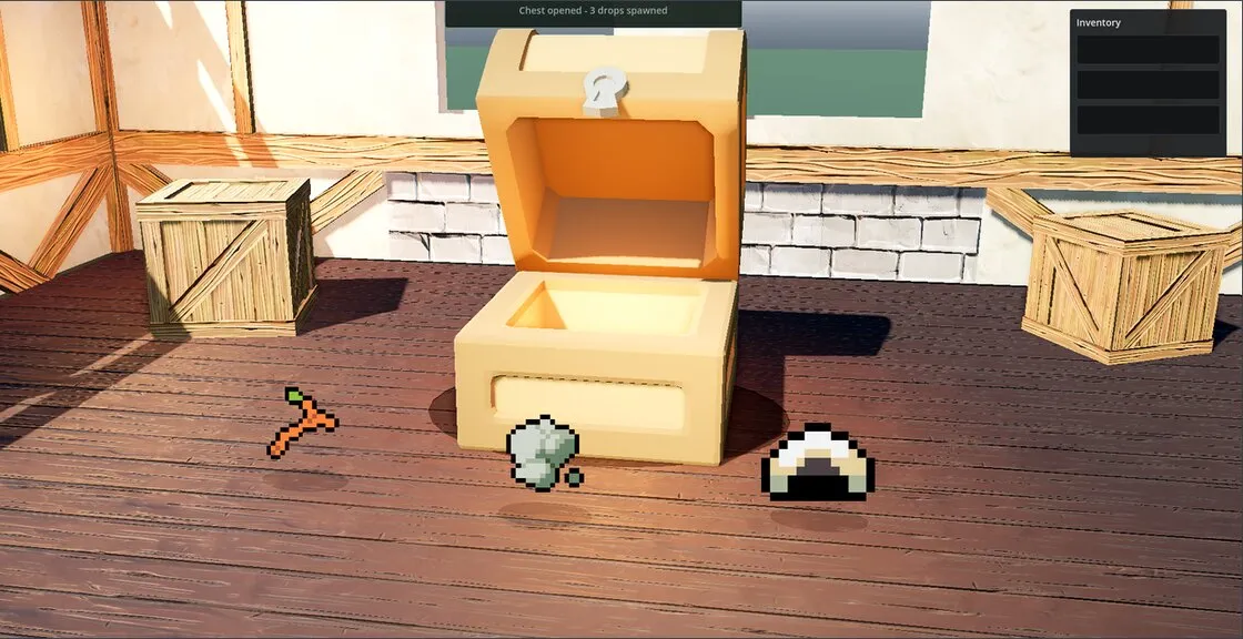 An opened 3D chest with pixel-art item drops on a wooden floor in the Item Vault demo