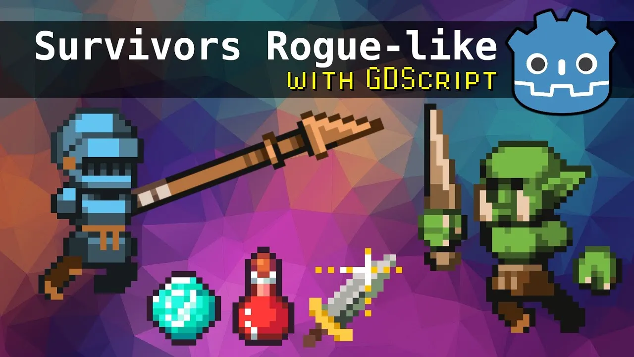 Pixel-art knight, goblin, and items from the Survivors Roguelike course