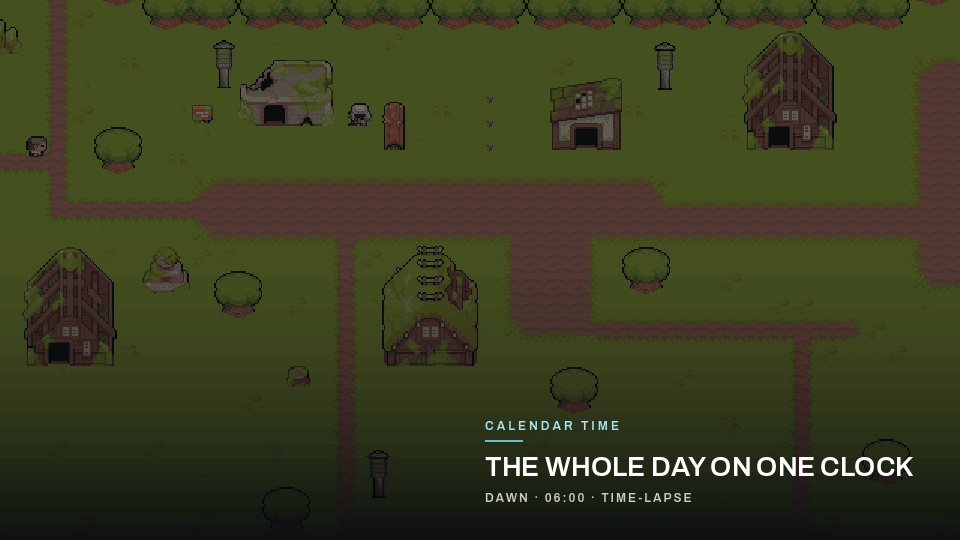 Time-lapse of the 2D village as the clock advances and the lanterns light at dusk